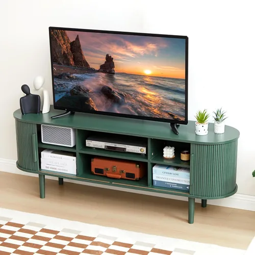 Vista 69 de Soporte de TV, mesa consola multimedia con puerta corredera y compartimento de almacenamiento, centro de entretenimiento moderno con almacenamiento