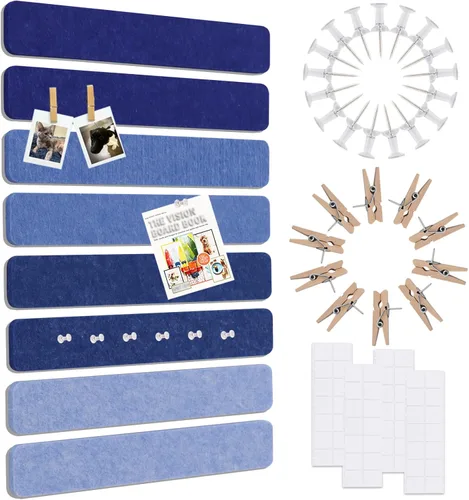 Vista 24 de Vuzvuv 8 tiras de barra de tablón de anuncios con 50 alfileres y 10 pines de clip de madera, tablero de corcho autoadhesivo para pared, tablero