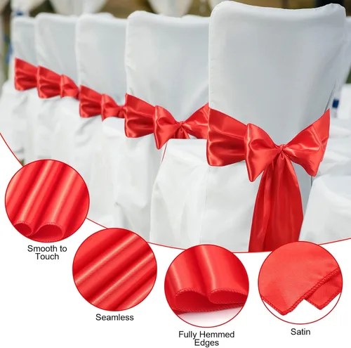 Vista 3 de Breling 80 cintas de satén para silla, color rojo, elegante, lazos en la parte trasera, fundas universales para silla, cintas para bodas