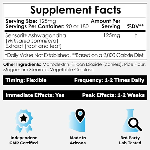 Vista 2 de Sensoril Ashwagandha Cápsulas 125 mg 90 unidades Hierba ayurvédica Extracto estandarizado de Withania somnifera Clínicamente probado