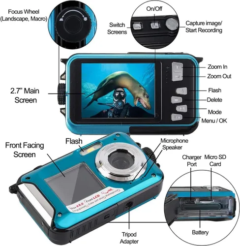 Vista 9 de Acuvar Cámara digital impermeable, cámara subacuática de 48 MP con doble pantalla, enfoque automático, profundidad de 11 pies, cámara flotante