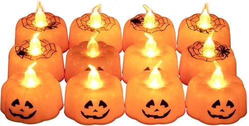 Vista 2 de Litake Luces LED de calabaza de Halloween, paquete de 12 luces de té parpadeantes de Jack-O'-Lantern, velas de calabaza que funcionan