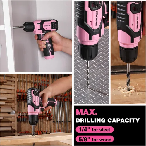 Vista 6 de WORKPRO Juego de taladro eléctrico rosa, juego de taladro inalámbrico de 8V con juego de brocas de 53 piezas, kit de taladro inalámbrico eléctrico