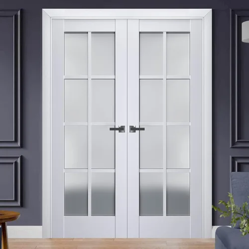 Vista 2 de SARTODOORS Puertas dobles francesas interiores sólidas de 36 x 80 pulgadas Veregio 7412 seda blanca con vidrio esmerilado Marcos de panel sólido