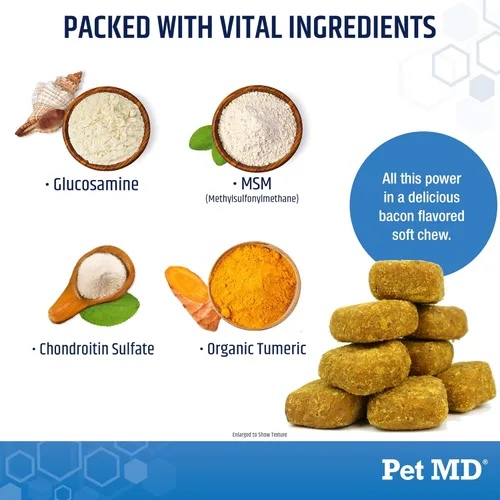 Vista 3 de Pet MD Glucosamina para perros Suplemento para articulaciones de perro con glucosamina, condroitina y MSM - Masticables para aliviar el dolor