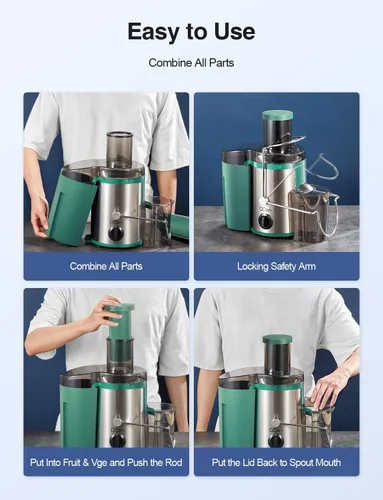 Vista 7 de QCen - Máquina exprimidora, extractor de jugo centrífugo de 500W con tolva de alimentación ancha de 7,62 cm para frutas y verduras, fácil de Verde