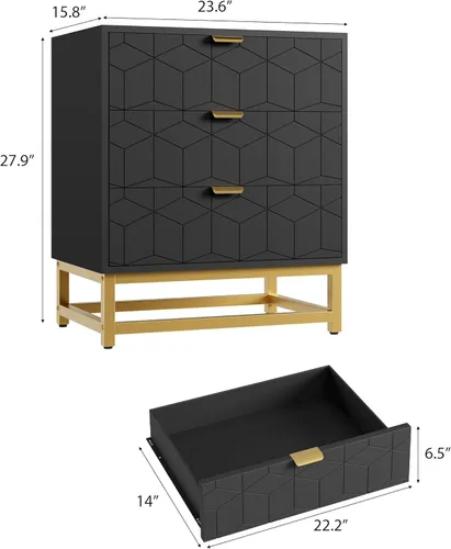 Vista 2 de GAOMON Cómoda de 3 cajones, cajones de madera con almacenamiento para armario, dormitorio, cómoda moderna de noche con asas doradas, color negro