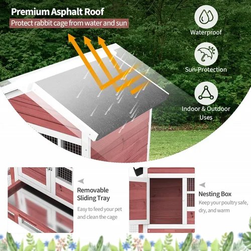 Vista 4 de Tangkula Conejera de madera para conejos, jaula de conejo para interiores y exteriores con paso, bandeja extraíble, rampa, puerta de ventilación