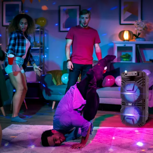 Vista 7 de Pyle Sistema de altavoces PA Bluetooth – Altavoz Bluetooth recargable de 600 W para exteriores, sistema PA portátil con subwoofer dual de 8