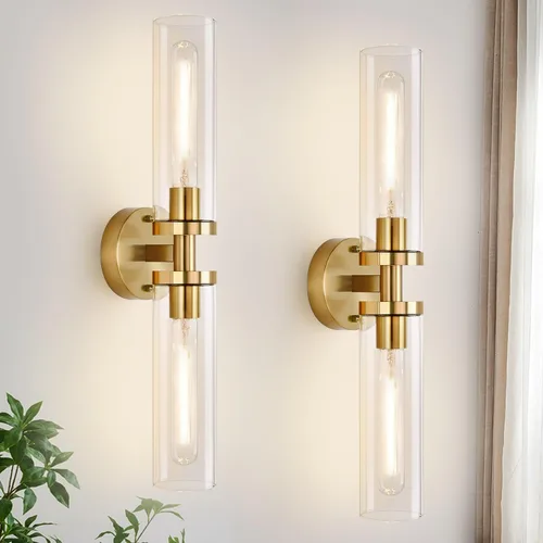Vista 21 de Indoi Aplique de pared negro y dorado, Apliques de pared de baño con vidrio transparente, Luminarias de apliques de pared modernos para espejo