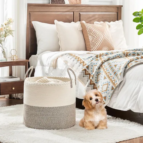 Vista 7 de KAKAMAY Cesta grande para manta (18 x 18 x 16 pulgadas), cesta tejida para ropa sucia para bebé, cestas de cuerda de algodón para guardería, Blanco