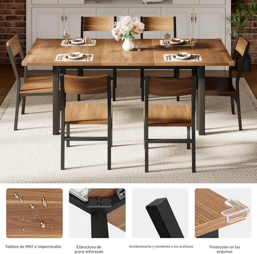 Vista 6 de iPormis Juego de mesa de comedor de 7 piezas con 6 sillas, mesa de cocina extensible de 63 pulgadas y sillas para 4-6, mesa de comedor con marco