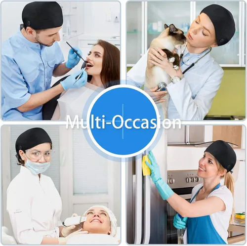 Vista 7 de QBA Gorra de trabajo ajustable con botón, gorro de trabajo de algodón, banda elástica para atar en la espalda, para mujeres y hombres, talla única