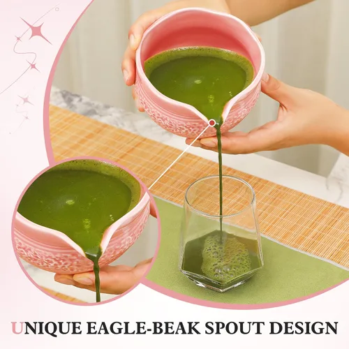 Vista 5 de Juego de matcha rosa, 8 piezas completo de cerámica matcha con cuenco, batidor y soporte de bambú, tamiz inoxidable, toalla de té, cuchara y cuchara
