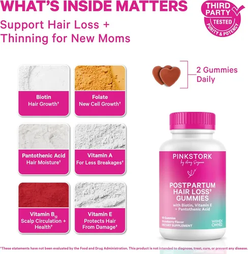 Vista 2 de Pink Stork Gomitas posparto para la pérdida del cabello Biotina, ácido pantoténico, vitamina E, B6, B12 Crecimiento posparto del cabello + apoyo