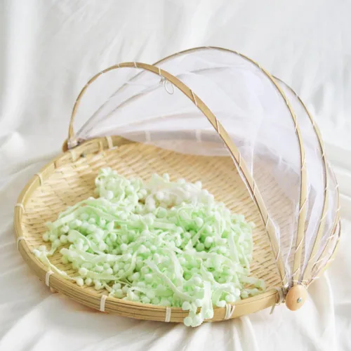 Vista 7 de Cesta de tienda de campaña tejida a mano para servir alimentos, a prueba de polvo, cesta de pícnic, cubierta de pan de frutas, verduras, contenedor