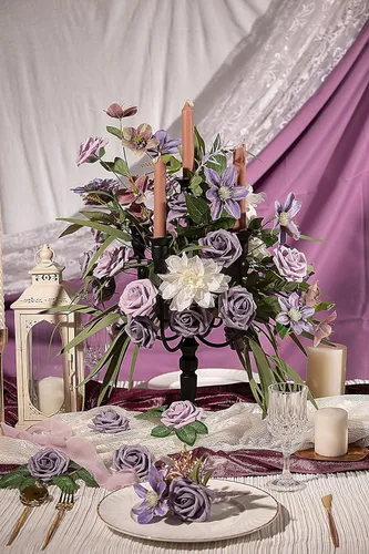 Vista 2 de TINGE TIME Flores moradas artificiales, flores falsas para decoración de rosas con tallo, 25 flores artificiales para ramo de boda, centro de mesa