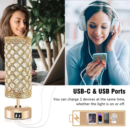 Vista 3 de Lámpara de mesa de cristal dorado, lámpara de escritorio para mesita de noche, control táctil, luz nocturna para mujer, decoración de dormitorio