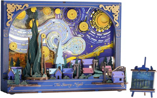 Vista 9 de Rompecabezas 3D de madera Wowood para adultos - Kits de construcción de modelos DIY Van Gogh Girasol Dorado con luz LED - Decoración del hogar, arte