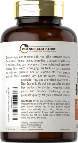 Vista 3 de Carlyle Herbage Farmstead Cápsulas de hígado de carne alimentada con pasto 4500 mg 250 unidades Suplemento desecado Sin OMG, sin gluten