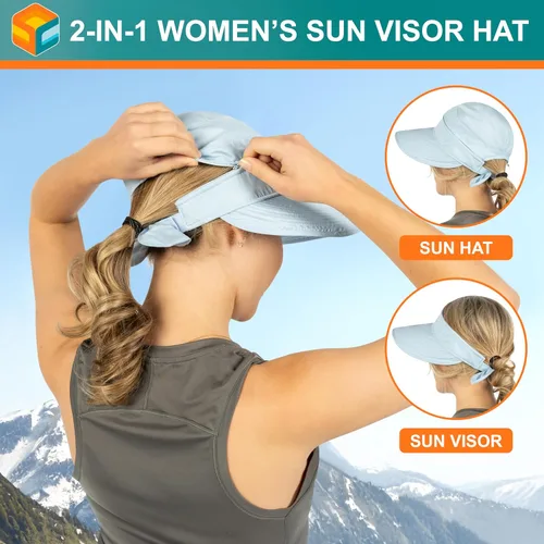 Vista 5 de SUN CUBE Sombrero de sol para mujer para protección UV al aire libre, sombrero de sol de ala ancha, cola de caballo, sombrero de playa convertible