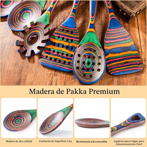 Vista 4 de Gudamaye Pakkawood - Juego de utensilios de cocina de madera de 7 piezas, cucharas de madera para cocinar, juego de utensilios de madera con asas