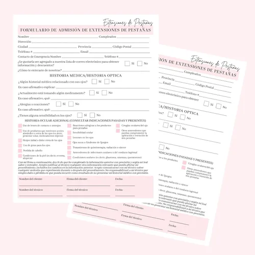 Vista 4 de Formulario de admisión, consentimiento y cuidado posterior de extensiones de pestañas, paquete de 75, forma de tamaño de papel de 8.5 x 11 pulgadas