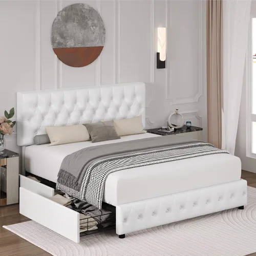 Vista 6 de TTVIEW Base de cama de tamaño matrimonial con 4 cajones de almacenamiento y cabecera ajustable, plataforma tapizada con diseño capitoné, soporte