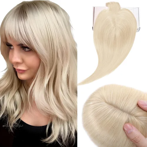 Vista 14 de Elailite Pelucas para mujeres con flequillo, cabello humano real, topper con cabello fino delgado de 13 cm x 7.1 cm, base de seda, cabello Remy