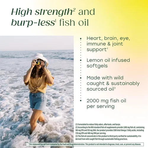Vista 3 de MegaFood Suplementos Omega 3 de aceite de pescado de 2000 mg – Sin eructos y aceite de limón infundido – Suplemento de apoyo para corazón, cerebro