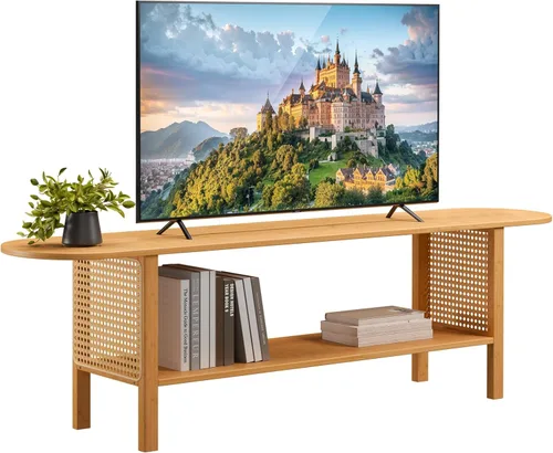Vista 11 de HollyHOME Soporte de TV de bambú con almacenamiento para televisores de hasta 65 pulgadas, moderno centro de entretenimiento con 2 estantes