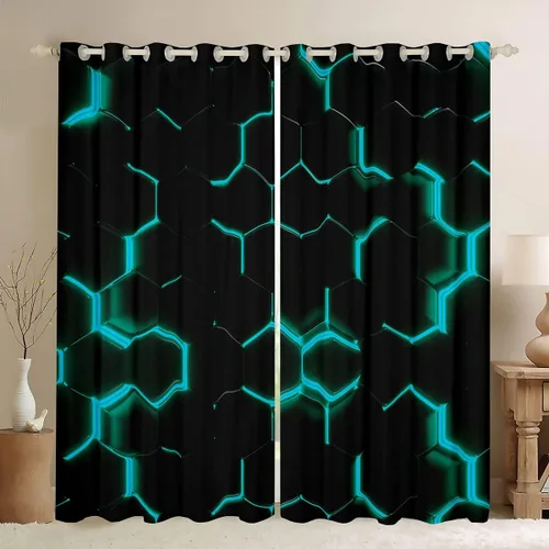 Vista 30 de Cortinas de ventana con diseño de panal para niños, hombres y niñas, diseño geométrico moderno con temática hexagonal, para dormitorio, sala