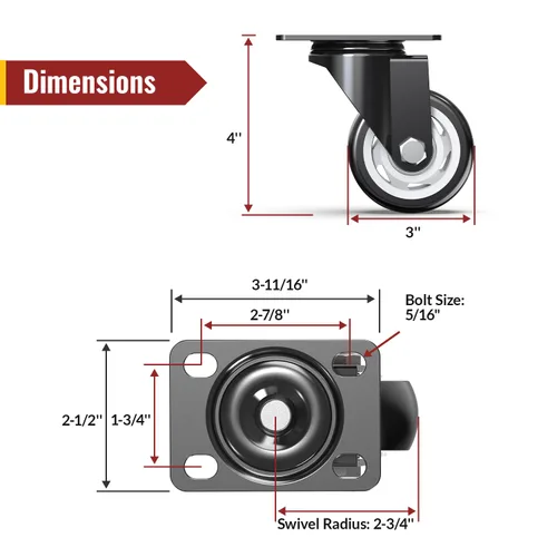 Vista 2 de Ruedas giratorias de 3 pulgadas, ruedas de placa resistentes sin frenos, capacidad total de 1000 libras (paquete de 4)