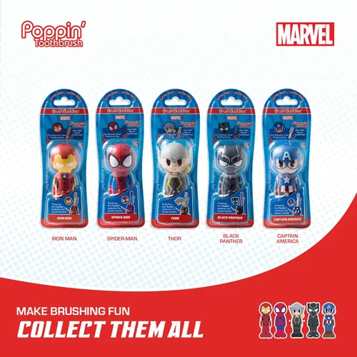 Vista 3 de Brush Buddies Cepillo de dientes Marvel Spider-Man para niños, cerdas suaves y redondeadas, diversión poppin', cabezal de cepillo desplegable ultra
