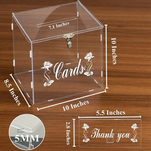 Vista 2 de Caja de tarjetas de boda con cerradura, cajas de tarjetas transparentes de acrílico para recepción de boda, soporte de dinero con letrero