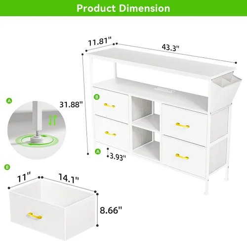 Vista 33 de Cómoda para dormitorio, soporte de TV con tomas de corriente y luz LED, cómoda de 6 cajones con bolsillos laterales y ganchos, cómoda ancha