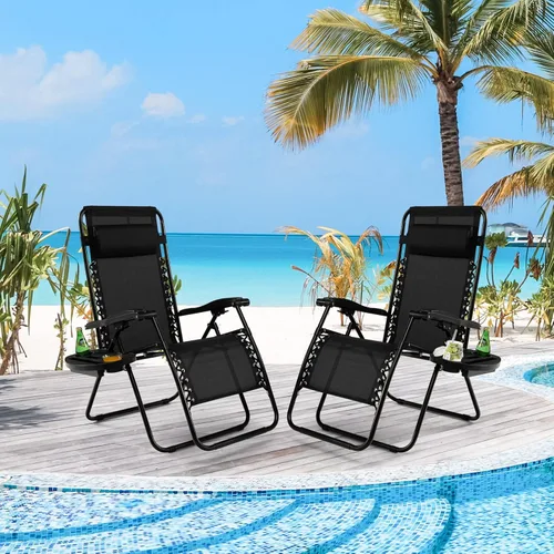 Vista 4 de Tangkula Zero Gravity - Silla plegable para patio, reclinable, ajustable, con soporte para tazas, reposabrazos anchos para patio, jardín, piscina