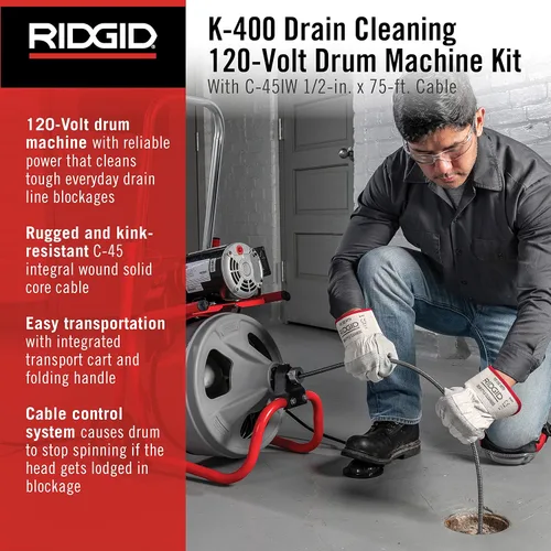 Vista 3 de RIDGID 26998 K-400 Kit de máquina de tambor de limpieza de drenaje de 120 voltios con cable C-45IW de 1/2 pulgada x 75 pies, blanco, negro, rojo