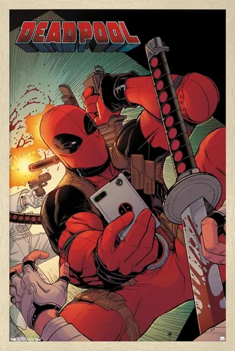 Vista 7 de Trends International Marvel Comics Deadpool - Póster de pared para selfies, 14.725 x 22.375 pulgadas, versión enmarcada de madera de granero
