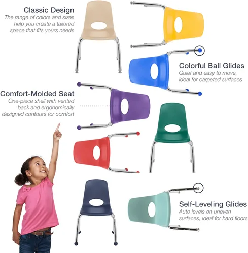 Vista 9 de FDP Silla Escolar Apilable de 10", Asiento Apilable para Estudiantes con Patas de Acero Cromado y Deslizadores Giratorios de Nylon; Para Aprendizaje