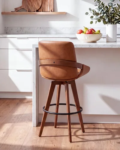 Vista 6 de AQG Counter Height Bar Stools, Mid Century Modern Bar Chairs Swivel with Back, Faux Leather Upholstered Barstools Walnut Wood Frame for Kitchen