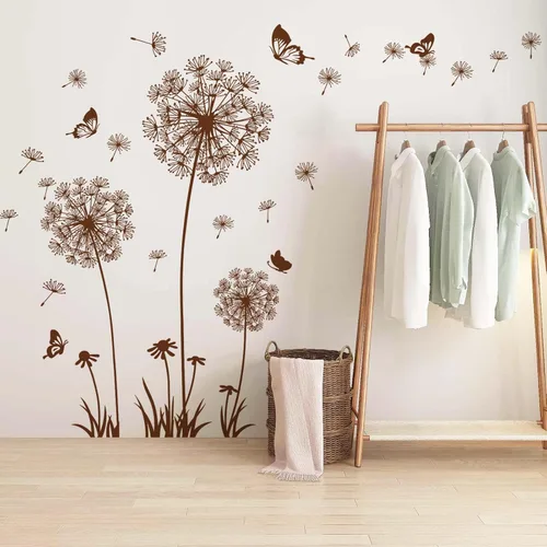 Vista 12 de Juego de 2 calcomanías de pared de flores silvestres de diente de león, calcomanías de arte para pared, diseño de mariposas florales, decoración