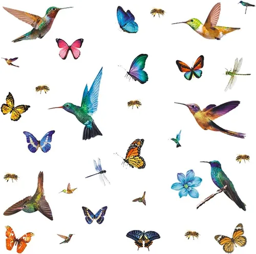 32 calcomanías de acuarela de mariposa y colibrí, calcomanías de pared de flor de libélula de abeja, decoración artística de pájaros voladores
