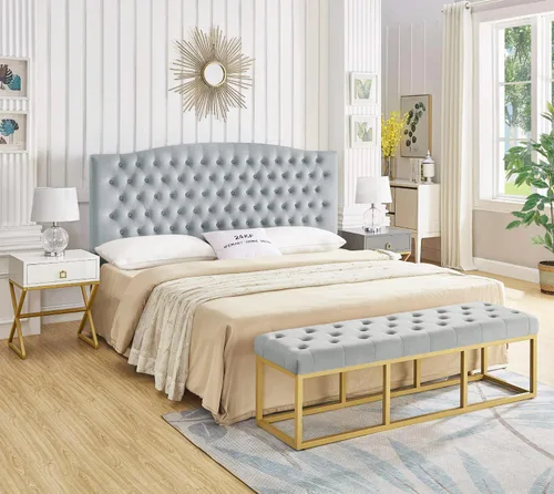 Vista 3 de 24KF Cabecera tapizada con terciopelo con diseño de botones capitoné, tamaño King/California King, cómoda, a la moda, acolchada, color gris