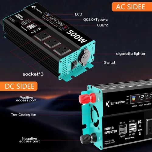 Vista 2 de Inversores de potencia de 500 W, pico de 1000 W, 12 V CC a 110 V CA, convertidor para vehículos USB-C/PD de 25 W, puertos de carga rápida, adaptador