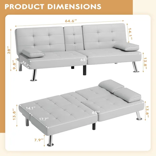Vista 3 de JUMMICO Sofá futón de piel sintética con reposabrazos extraíbles, sofá cama ajustable con 2 portavasos para sala de estar (piel sintética, blanco)