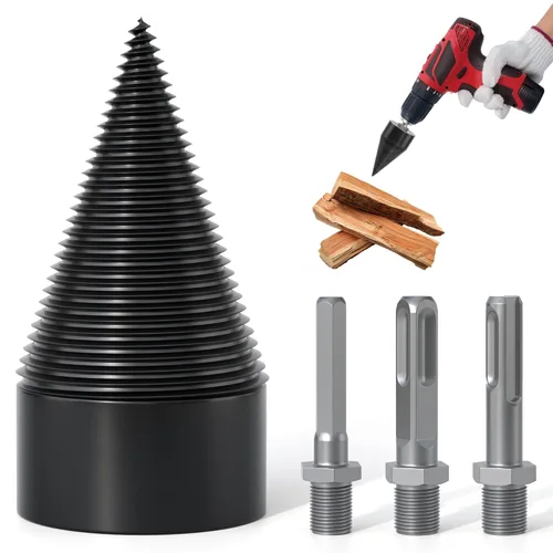 Vista 9 de Juego de brocas divisoras de madera - 3 mangos de perforación, broca divisora de troncos con conos de 32 mm para uso pesado desmontable, juego