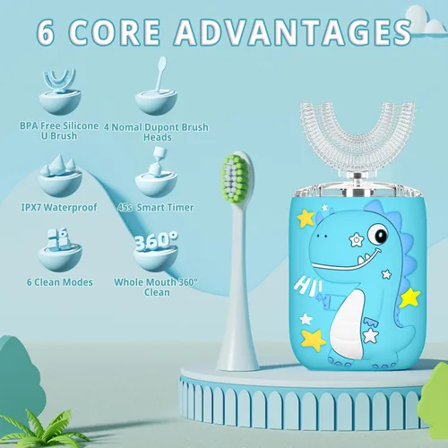 Vista 2 de Cepillo de dientes eléctrico en forma de U para niños, dinosaurio sónico, de boca completa, con 4 cabezales de cepillo suave, automático, 6 modos