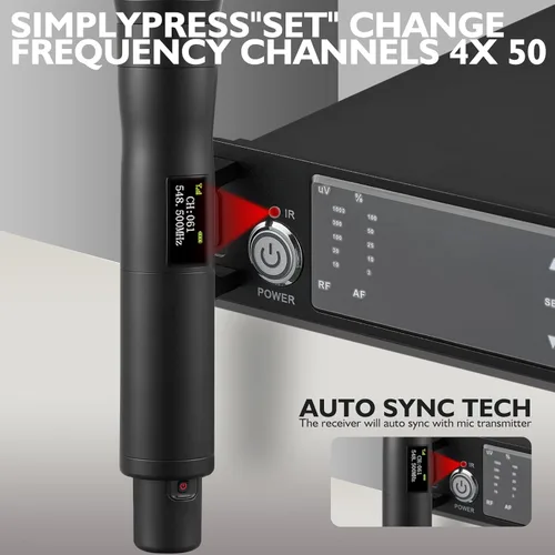 Vista 6 de Sistema de micrófono inalámbrico, micrófonos inalámbricos de 4 canales, con frecuencias UHF de 4 x 50, escaneo automático por infrarrojos, alcance