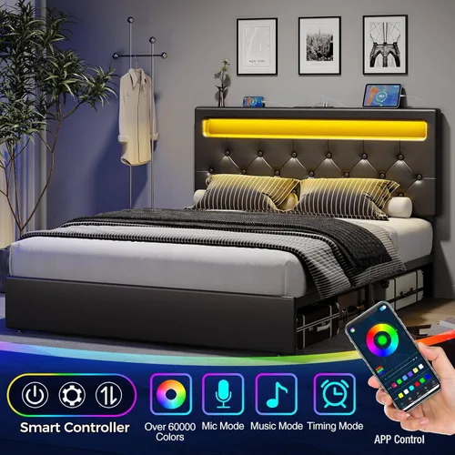 Vista 3 de Rolanstar Base de cama tamaño Queen con estación de carga, cama LED con almacenamiento debajo de la cama, cabecera ajustable de 38.9/40.8 pulgadas